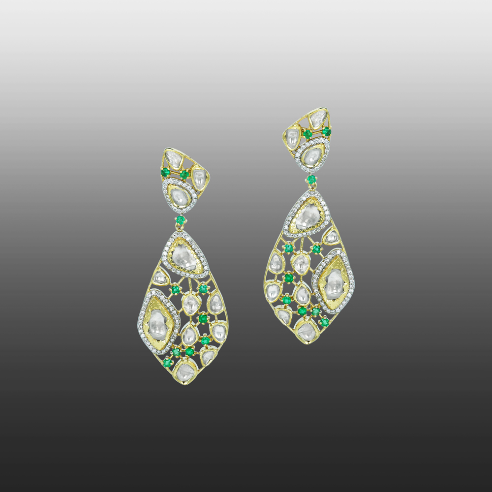 Polki Drop Earrings with Emerald Accents